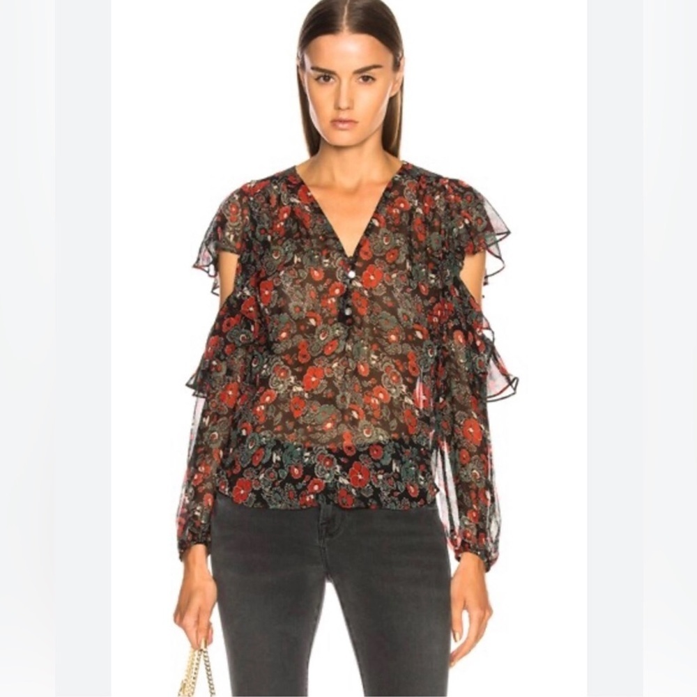 Veronica Beard The Blakely Silk Floral Long Sleeve Ruffle Cutout Top Sz 8